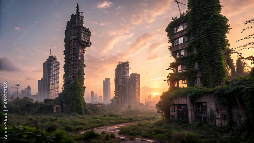 Fototapeta premium Post-Apocalyptic Urban Landscape: Overgrown Cityscape at Sunset