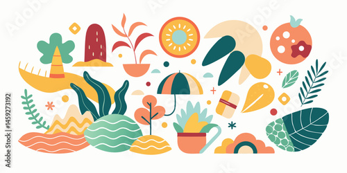 Playful geometric illustration featuring plants fruits and landscape elements against white background