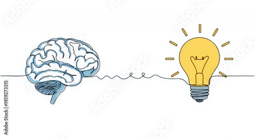Brainwave:  A Continuous Line Art Depicting the Connection Between Mind and Illumination, Symbolizing Ideas, Innovation and Creative Thinking.