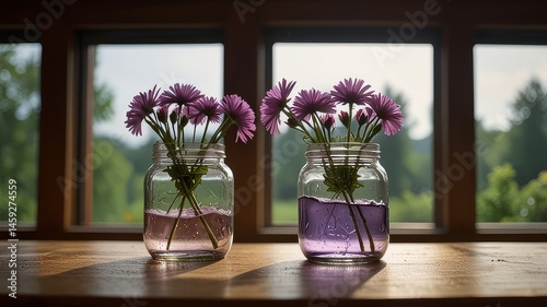 Vintage Purple Glass Jar and Fresh Purple Flowers by a Window