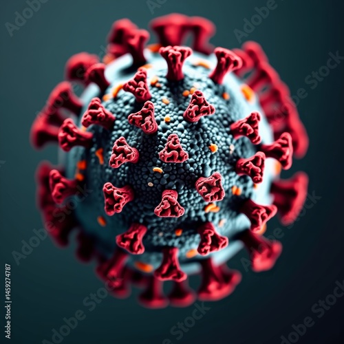 3D rendering of a virus with red spikes and gray surface