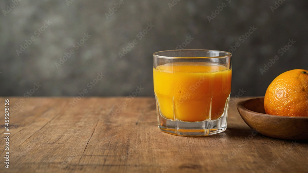 Glass of freshly squeezed orange juice on the table with citrus fruits Glass of freshly squeezed orange juice on the table with citrus fruits