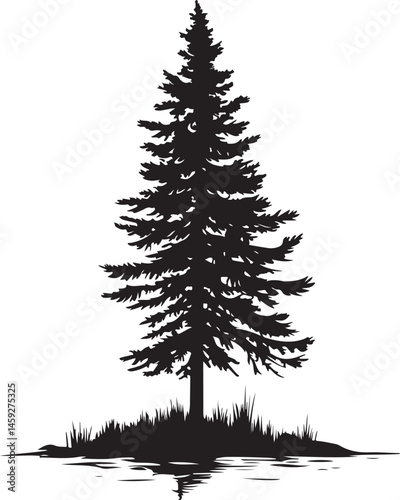 Silhouette of a Tall Pine Tree with Its Reflection in Water
Description: The image features a tall pine tree standing on a small patch of land with grass. The tree’s dense branches and needles create 