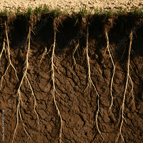 Intricate subsurface root system unveiled beneath a layer of vibrant green grass
