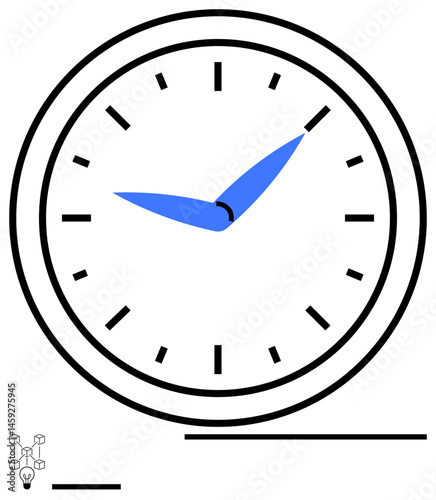 Analog clock face with bold black hour markers and elegant blue hands. Ideal for themes of time management, schedule, precision, productivity, punctuality, efficiency, simple landing page