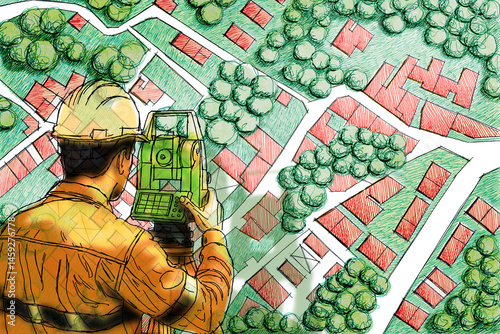 FICTIONAL CADASTRAL MAP WITH GREEN AREAS RELIEF AND TOTAL STATION INSTRUMENT used by a surveyor for topographic mapping and land measurement - Illustration concept