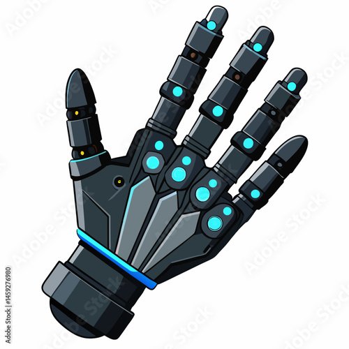 Robot hand featuring a sleek blue and black design, showcasing advanced technology and modern aesthetics.