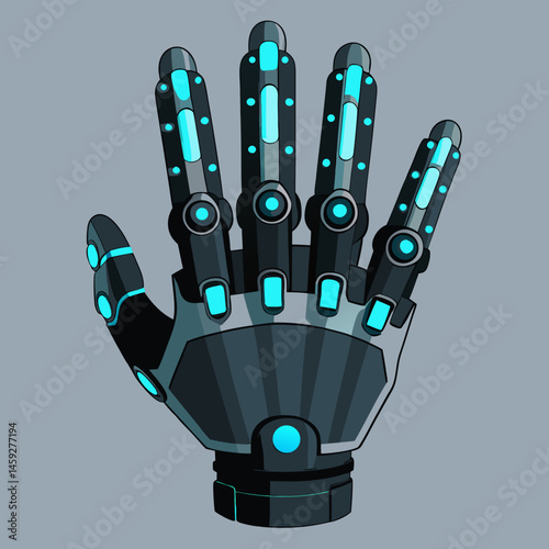 Robot hand featuring a sleek blue and black design, showcasing advanced technology and modern aesthetics.