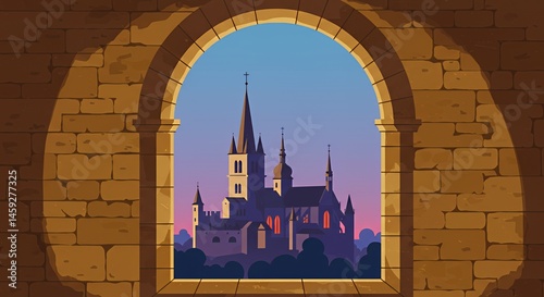 Medieval Cathedral View Through Archway: A Serene Twilight