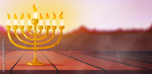 Photos Menorah on Table with Lit Candles and Sunny Evening Background for Jewish Celebr