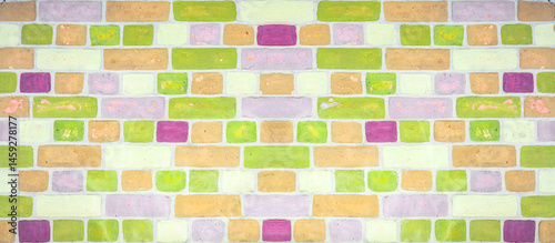 Colorful painted damaged rustic brick tile wall brickwork stonework masonry t...