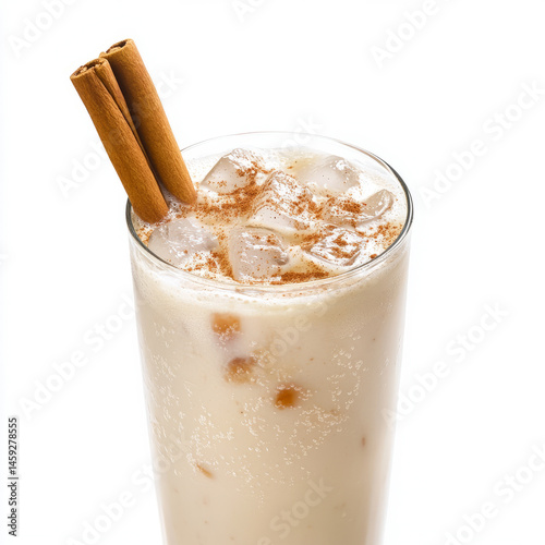 A close-up of a refreshing horchata, a Mexican rice drink, with cinnamon and vanilla flavors, served