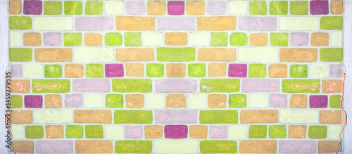 Colorful painted damaged rustic brick tile wall brickwork stonework masonry t...