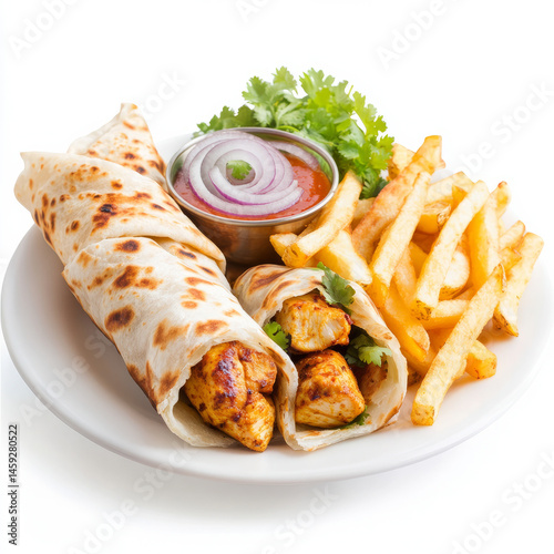 A plate of chicken tikka roll, with grilled chicken tikka wrapped in a flaky paratha, with onions,