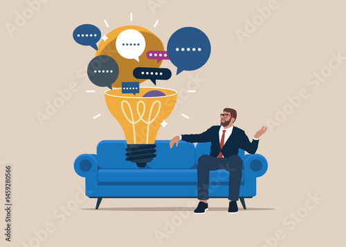 Businessman looks on lightbulb to see speech bubbles, while comfortably sitting on a couch. Discussion, conversation, meeting, team communication. Flat vector illustration.