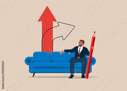 Businessman looks on arrows, while comfortably sitting on a couch. Decision to change to better opportunity. Draw new arrow of change direction. Modern flat vector illustration
