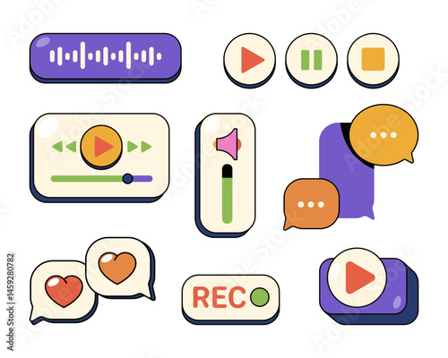 Set of vector audio record interface element. UI.
