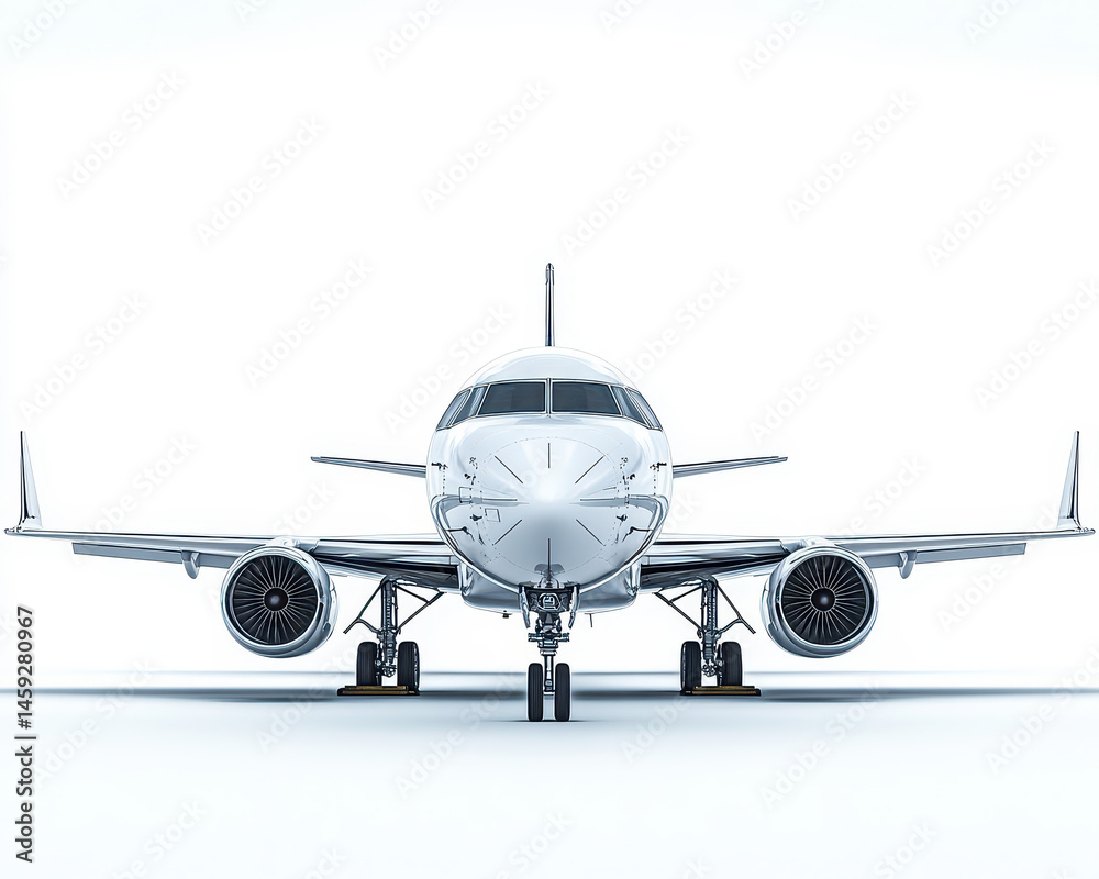 Fototapeta premium Front View of Modern Passenger Airplane on Isolated White Background Showing Detailed Aerodynamics and Engineering Design