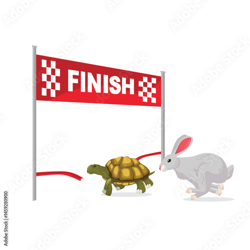 The Turtle and Rabbit racing together to win. The Turtle winning the race. Vector illustrations.
