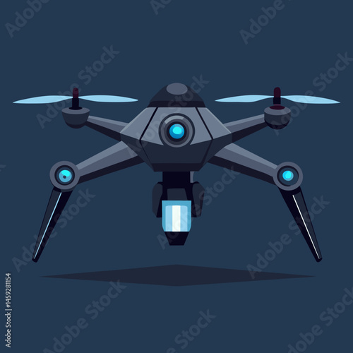 A black drone soaring against a bright blue background, showcasing its sleek design and aerial capabilities.