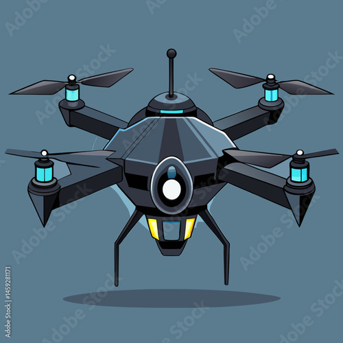 A black drone soaring against a bright blue background, showcasing its sleek design and aerial capabilities.