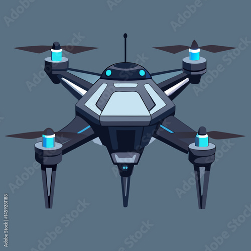 A black drone soaring against a bright blue background, showcasing its sleek design and aerial capabilities.