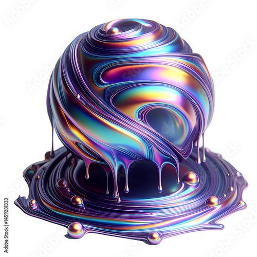 3D iridescent glass dip, dripping in smooth trails isolated on white background