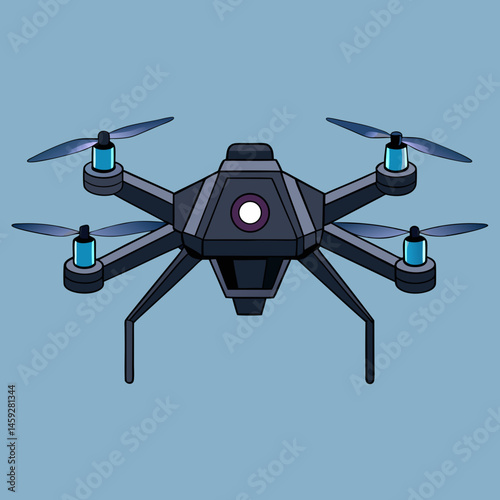 A black drone soaring against a bright blue background, showcasing its sleek design and aerial capabilities.