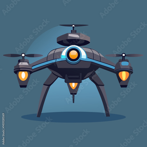 A black drone soaring against a bright blue background, showcasing its sleek design and aerial capabilities.