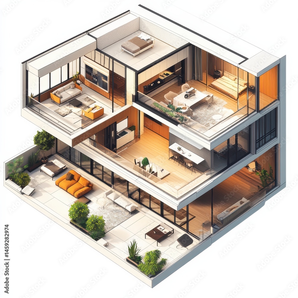 Modern Luxury House Isometric View Open Floor Plan, Wood Accents, and Outdoor Patio