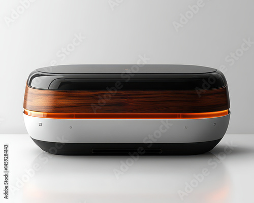High-tech electronic device on a white background with wood accents and sleek modern design featuring soft orange glow