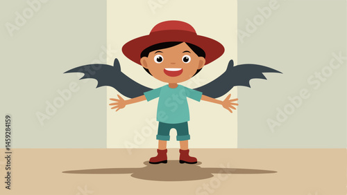 Playful Encounter A small child with a widebrimmed hat and oversized shoes stands in a bright cheerful room. Their arms are raised in excitement as their shadow stretches out along