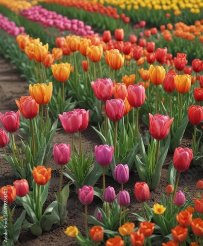 Vibrant tulips in a neat spring row, colorful blooms , nature, arrangement