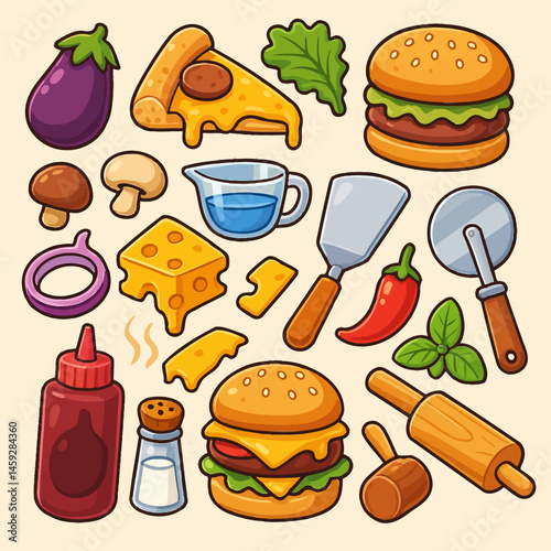 Cartoon Food Ingredients and Cooking Utensils Vector Still Life