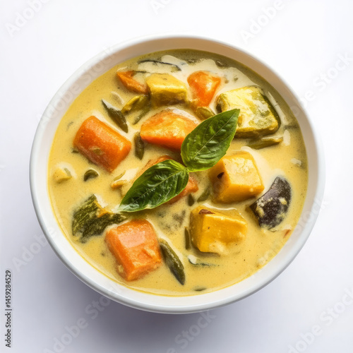 A bowl of vegetable pulissery, with a yogurt-based curry made from vegetables and coconut, isolated photo