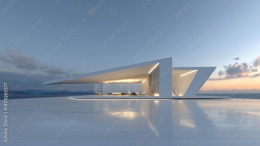 Fototapeta premium 3D rendered modern architecture building with expansive seaside windows, minimalist design concept for banners or presentations. Sleek geometric structure with glass facade reflecting ocean views, cle