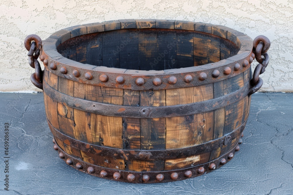 Fototapeta premium Rustic wooden barrel with metal accents and handles.