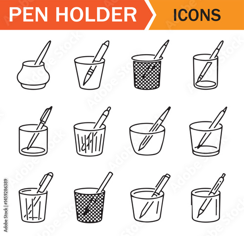 Collection of line art icons featuring pencil holders with various designs, perfect for school, office, or stationery-related digital projects.