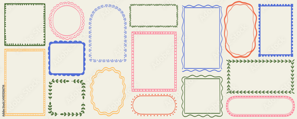 Doodle coastal frame set, hand drawn colorful border collection. Minimal hand drawn square arch and rectangle shapes kit. Elegant retro empty banner, poster, placard, postal stamp. Doodle frame decor.