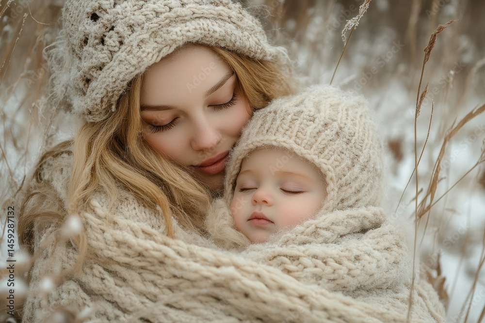 Mother Embracing Child in Soft Knitted Blanket in Winter Landscape Mother Embracing Child in Soft Knitted Blanket in Winter Landscape