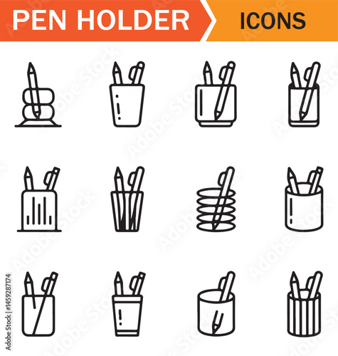 Collection of line art icons featuring pencil holders with various designs, perfect for school, office, or stationery-related digital projects.