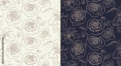 Elegant Floral Seamless Patterns:  Beige and Navy Rose Designs for Textile and Wallpaper