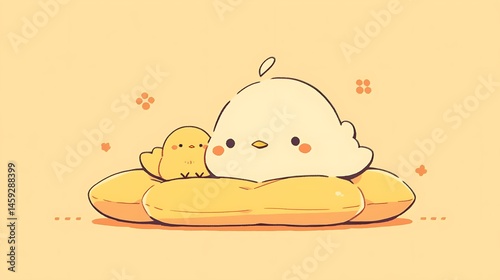 duck lying on pillow, chibi doodle style