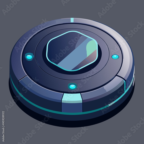 Robot vacuum cleaner icon on a gray background, symbolizing automated home cleaning technology.