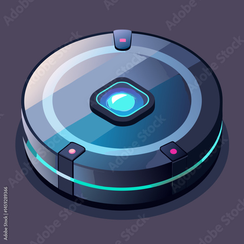 Robot vacuum cleaner icon on a gray background, symbolizing automated home cleaning technology.