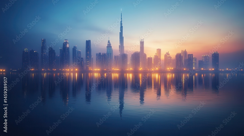 Obraz premium City Skyline at Dawn Reflection Warm Sunrise and Cool City Lights