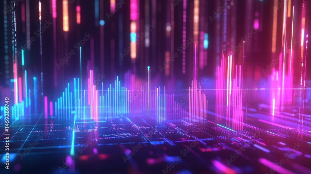 Abstract digital graphic with vibrant neon lines, bars, and data streams.