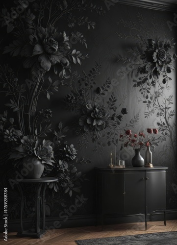 Intricate black charcoal floral wallpaper  Elegant, luxurious, stylish interior design , rich, deep