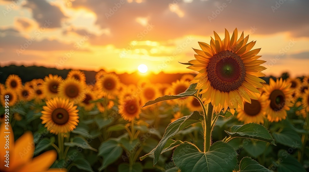 Obraz premium Blooming sunflowers golden heads turned to the sun radiant beauty vitality fields under the blue sky