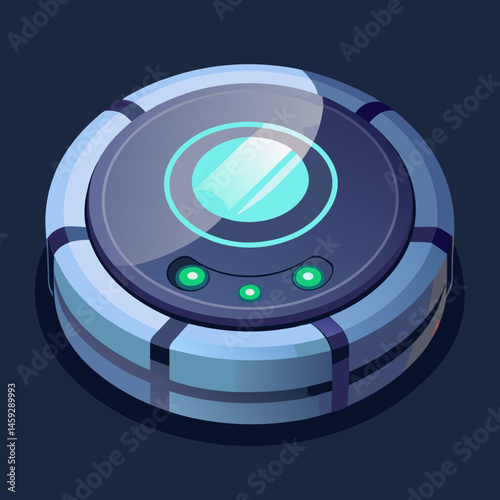 Robot vacuum cleaner icon on a gray background, symbolizing automated home cleaning technology.